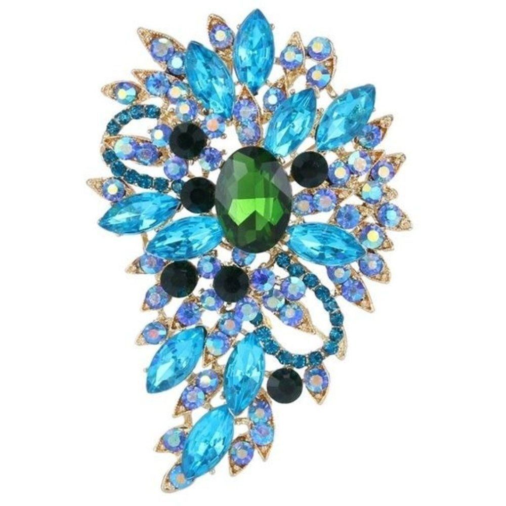 Yellow Gold and Aquamarine Austrian Crystal Flower and Leaf Bouquet Brooch Pin